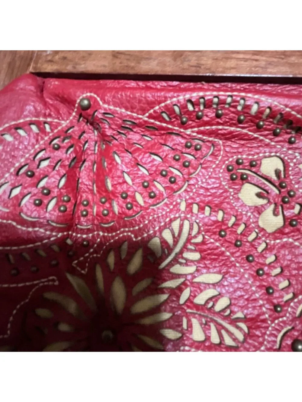 Rare Vintage RAFÉ Red Cut Out Leather‎ Clutch with Wooden Handle
